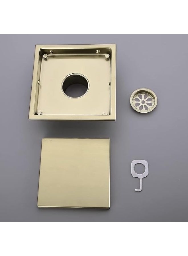 المفتاحة فتحة تصريف أرضية مربعة الشكل مقاس 6 بوصات، غطاء شبكي مخفي يُركّب داخل البلاط، بلمسة نهائية ذهبية مصقولة، مصنوعة من الفولاذ المقاوم للصدأ SUS 304، قابلة للإزالة ومقاومة للصدأ، مناسبة للحمامات أو غرف الاستحمام الرطبة. - Image 5